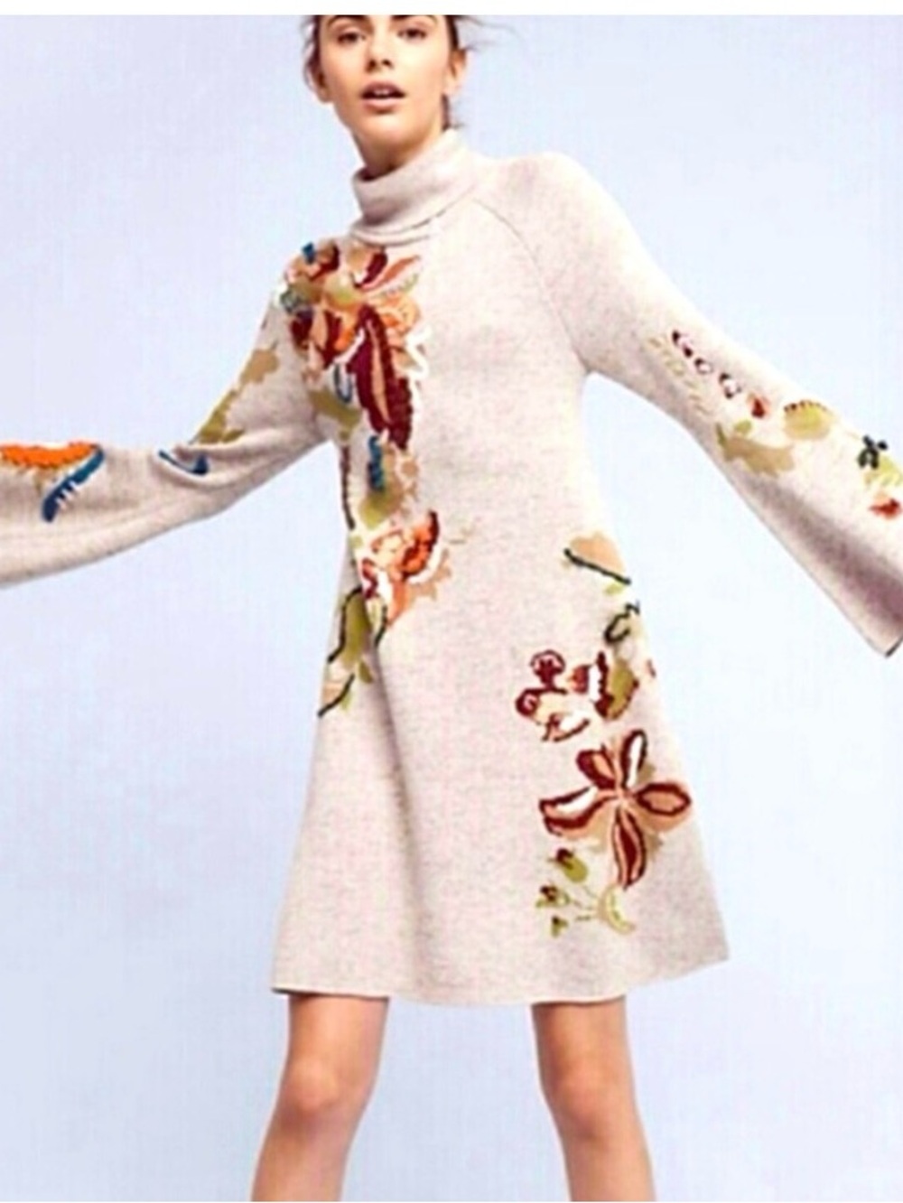 Knitted & Knotted Embroidered Turtleneck Long-Sleeve Floral Knit Sweater Dress